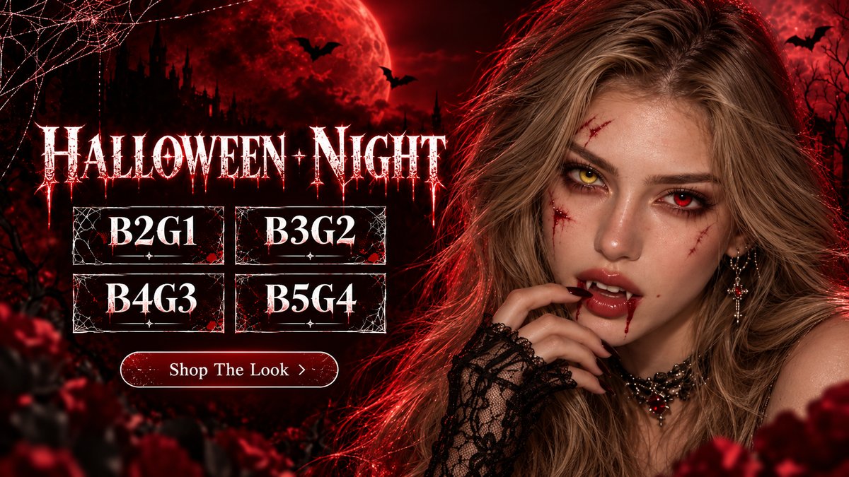Model wearing dramatic colored contacts in a Halloween night beauty look