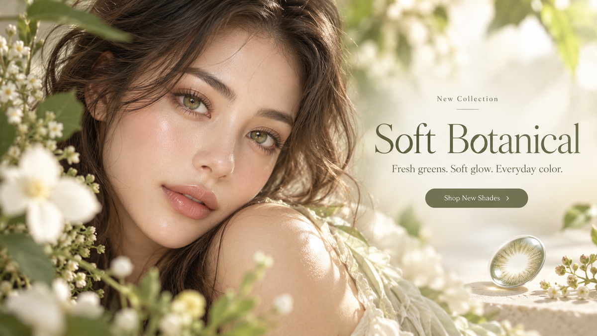 Model wearing green hazel colored contacts in a soft botanical garden setting