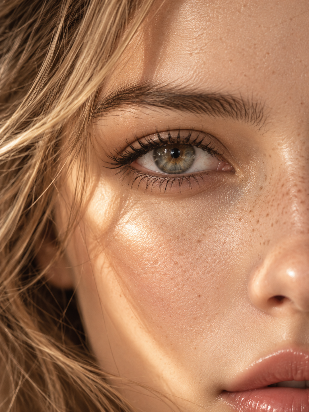 Close-up beauty portrait featuring hazel-green colored contact lenses