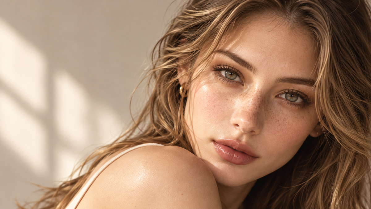WYLUNA beauty editorial portrait featuring hazel-green eyes